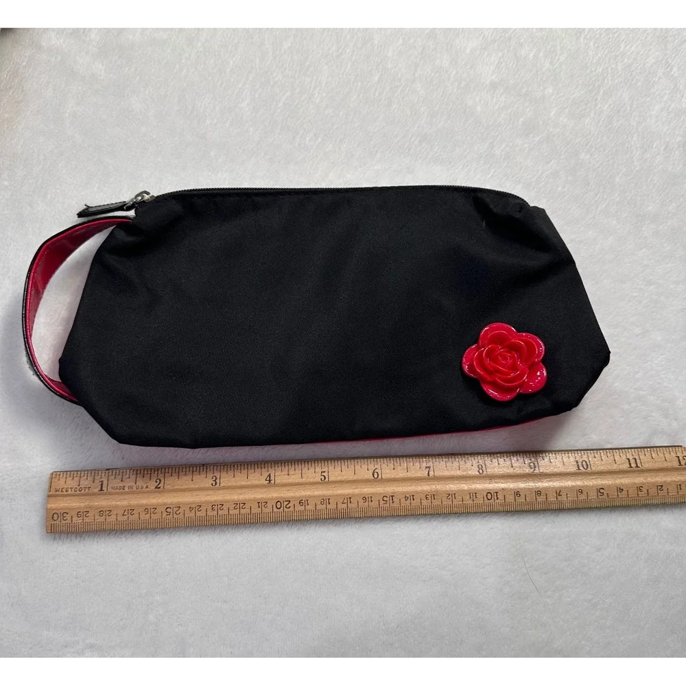 Lancome Paris Cosmetic Bag Set Black Red Rose Wristlet & Floral Canvas Pouch